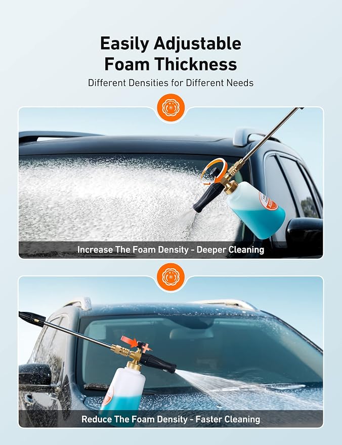 Foam Cannon, Heavy Duty Car Foam Sprayer, Wide Metal Neck, Adjustable Thick Snow Foam Lance for Pressure Washer with 1/4" Quick Connector, Ideal for Various Cleaning Tasks, 1.5L Bottle