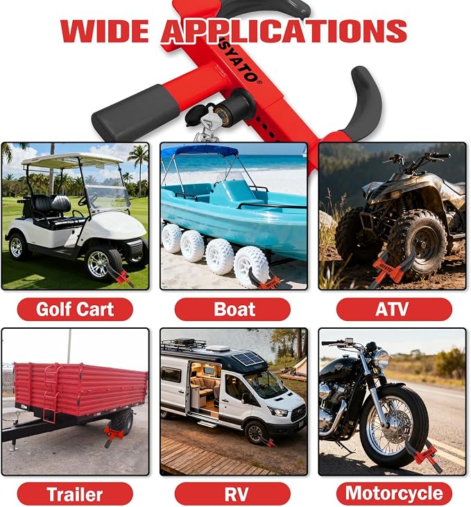 2Pcs Universal Heavy Duty Wheel Lock - Anti Theft Trailer Lock & Car Boot, Adjustable Security Tire 11.4" for Trailers, Cars, Golf Cart, ATV, SUV, RV, Boat, Camper, Motorcycle,6 Keys,Red+Black