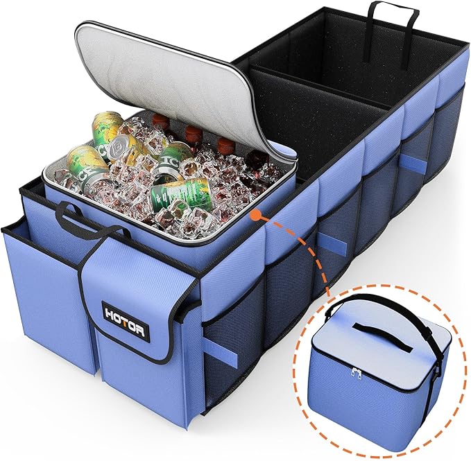 Trunk Organizer, Sturdy Foldable with Cooler for Car & SUV, 3 Compartments, Blue, 30.90”×12.60”×10.63”