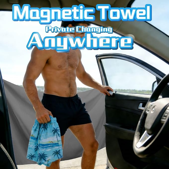 Magnetic Beach Towel | Extra Wide & Enhanced Magnet (75"x40"), Sand-Free Quick-Dry Microfiber for Car Door Changing, Beach, Pool | Includes Storage Bag, Travel & Camping (Gray)