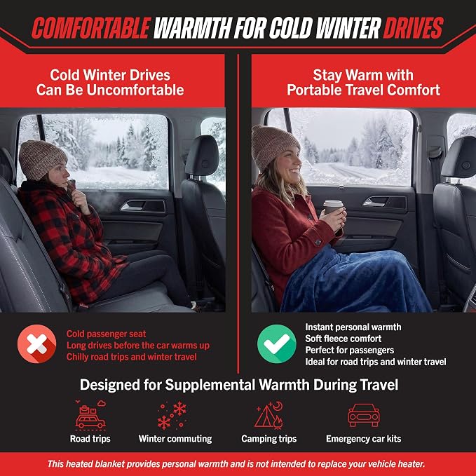 Heated Car Blanket - 12V Electric Travel Blanket for Car, Truck, SUV or RV - Portable Heated Throw for Road Trips, Camping or Winter Emergency Kit for Cold Weather Travel by (Navy)