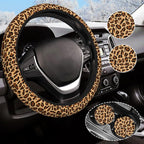 Leopard Steering Wheel Cover Anti-Slip and Practical 14.5-15 Inch Universal Car Steering Wheel Cover with 2 Pieces Car Coasters Suitable for Men Women
