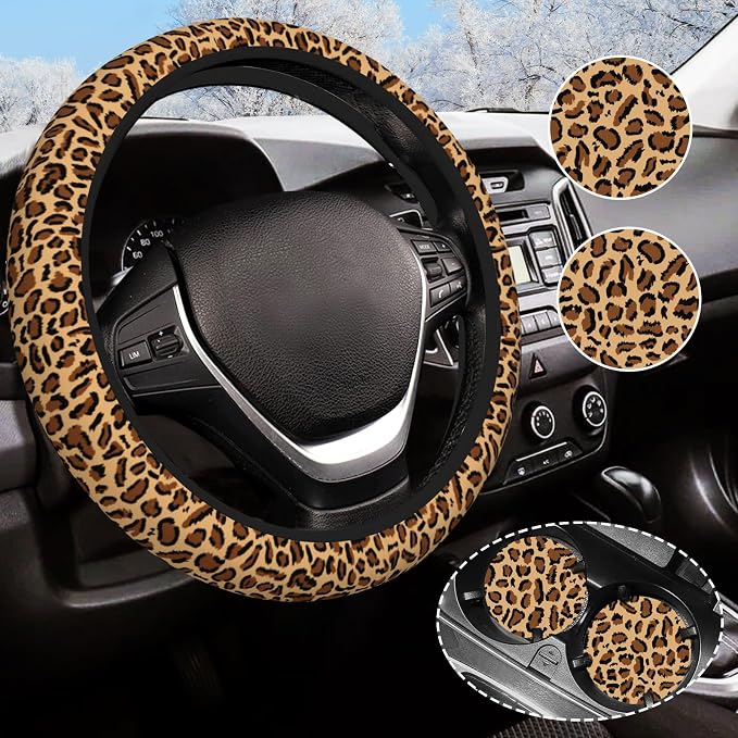 Leopard Steering Wheel Cover Anti-Slip and Practical 14.5-15 Inch Universal Car Steering Wheel Cover with 2 Pieces Car Coasters Suitable for Men Women