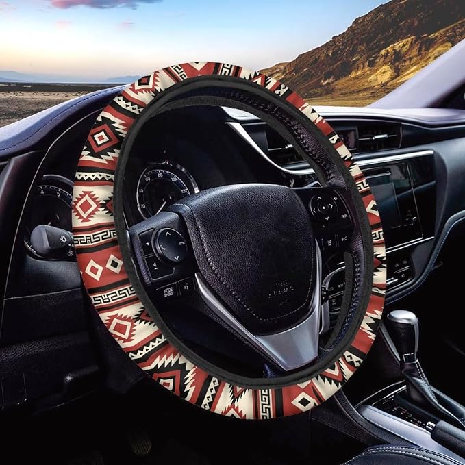 Car Steering Wheel Cover Universal Fit SUV Truck Van, Anti-Skid Soft Stretchy All Weather Protection Auto Decor Accessories, Southwest Aztec Red Beige