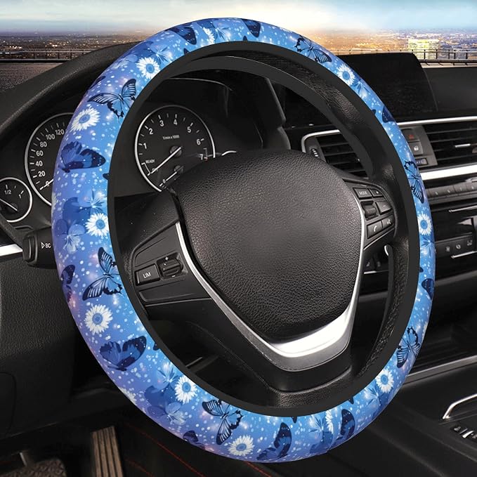 Blue Butterfly Steering Wheel Cover for Women Girls Flower Universal 15 inch Neoprene Anti-Slip Car Wheel Protector
