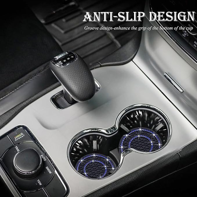 4PCS Bling Crystal Rhinestone Cup Holder Coaster, 2.75 inch Soft Silicone Anti-Slip Shockproof, Car Cup Holder Insert Coasters, Universal Car Interior Accessories for Women (Black & Blue)