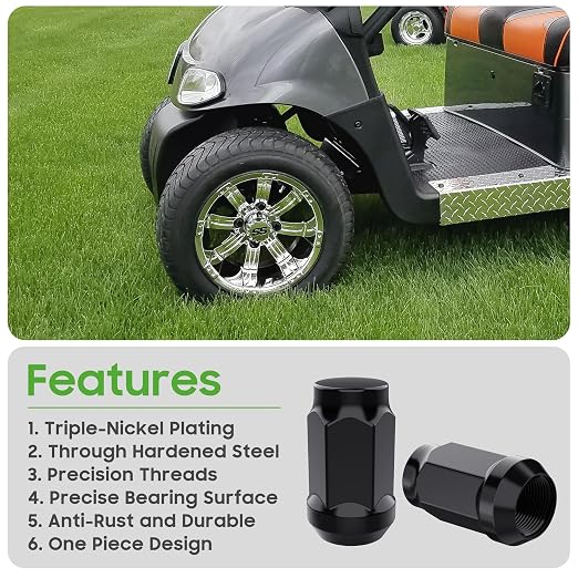 Golf Cart Wheel Lug Nuts for EZGO & Club Car, 1/2"-20 Size Black 16 Pack