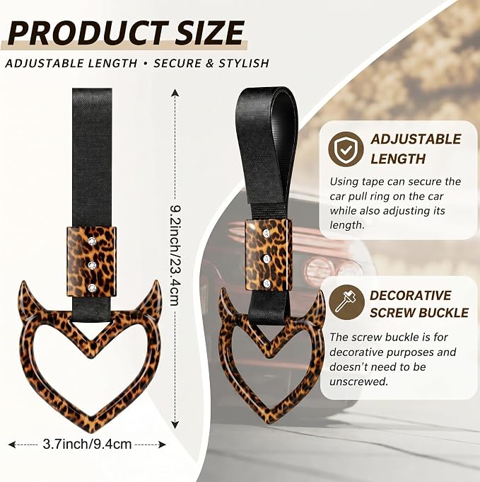 Leopard Heart Car Handle Strap Drift Charm Car Accessories for Women Cheetah Heart Rear Bumper Warning Ring Decor for Auto Bus Subway Interior Exterior Decorations(Leopard, Devil Style)
