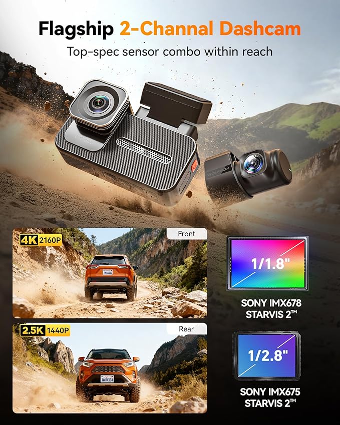 X5 Duo 4K+2.5K Dash Cam Anti-Shake, 8MP STARVIS 2 IMX678 IMX675, Dual Car Camera Front and Rear, 5.8GHz Wi-Fi GPS, Included 64GB Card, Voice Control, Touch Screen, Parking Mode