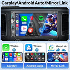 QLED Double Din Car Stereo with Dash Cam & Backup Camera, Wireless Apple CarPlay & Android Auto, Bluetooth, 4.2-Ch 2 Subwoofers Outputs, 7 inch Touchscreen, MirrorLink, FM/AM Radio