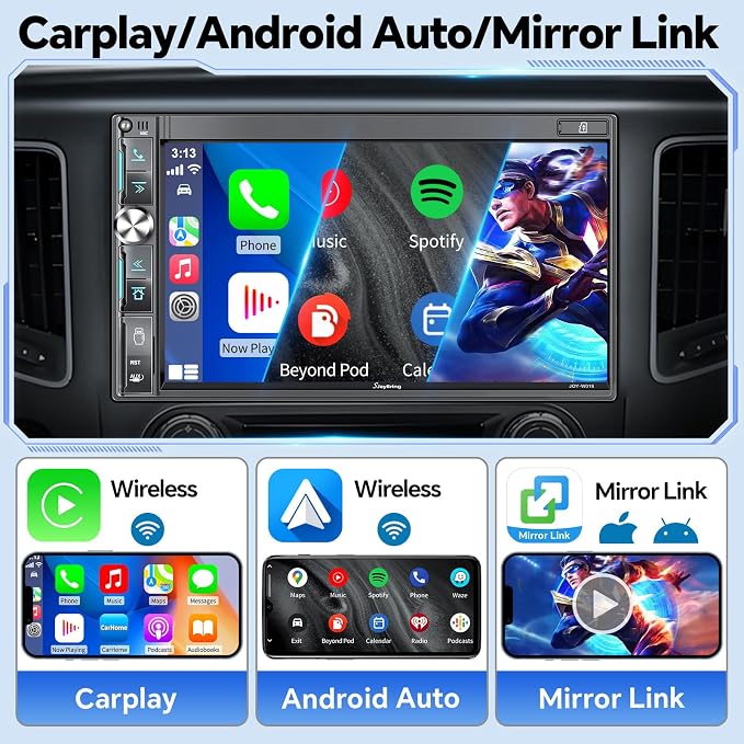 QLED Double Din Car Stereo with Dash Cam & Backup Camera, Wireless Apple CarPlay & Android Auto, Bluetooth, 4.2-Ch 2 Subwoofers Outputs, 7 inch Touchscreen, MirrorLink, FM/AM Radio