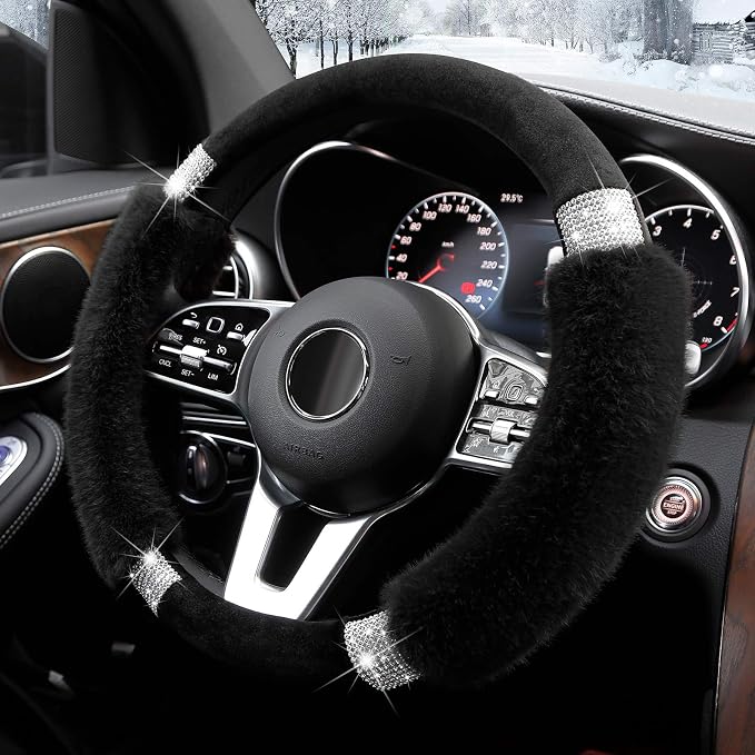 Rhinestone Fluffy Steering Wheel Cover - Comfortable Non-Slip Luxury Faux Wool, Universal Fit for 14.5" to 15" Steering Wheels