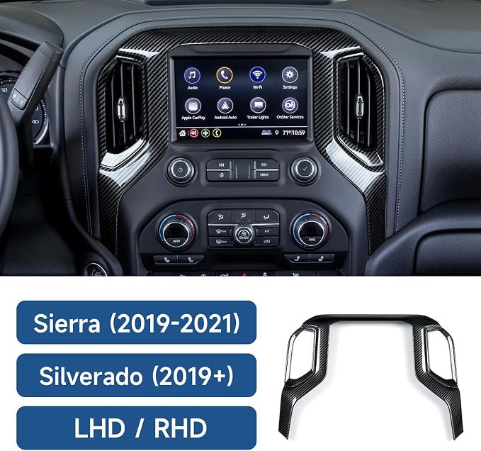 Car ABS Center Console Air Vent Navigation Panel Trim Cover for 2019-2025 Chevy Silverado | for GMC Sierra 2019-2021 1500 2500 3500 HD Carbon Fiber Interior Accessories
