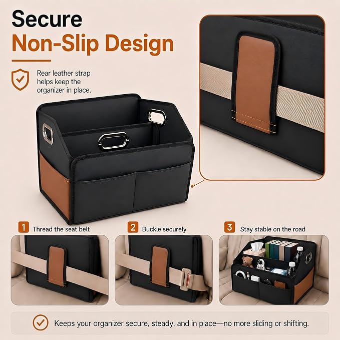 Car Organizer - 2025 Upgraded Leather Car Storage Organizer for Front Back Seat or Floor with 3 Metal Handles 6 Apartments, Multipurpose Car Organizers and Storage Black.