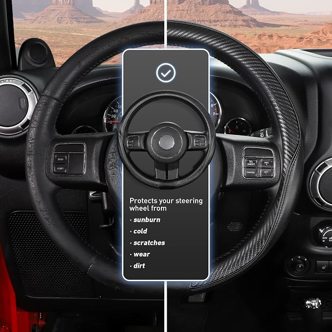 Car Steering Wheel Cover Large-Size for F150 F250 F350 Ram 4Runner Tacoma Tundra Range Rover with 15 1/2"-16" Outer Diameter Leather with Carbon Fiber Pattern Black