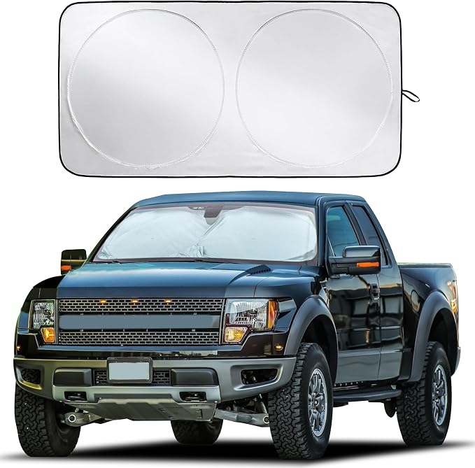 Truck Windshield Sun Shade with Storage Pouch | Reflective 240T Material Sun Shield for UV & Heat Protection | Foldable Windshield Cover | Must-Have Truck Accessories | X-Large (69"x35")