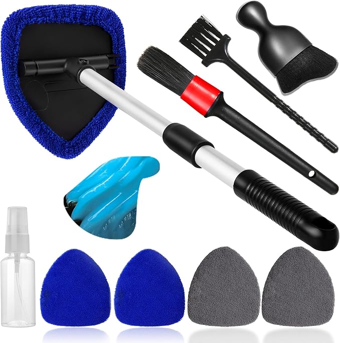 10pcs Windshield Cleaner Tool, Car Window Cleaning Wash Kit with 4 Reusable Microfiber Pads 1 Spray Bottle and Extendable Handle Auto Glass Wiper Kit, Blue&Gray
