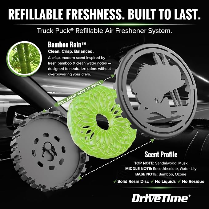 Truck Puck Bamboo Rain Fragrancee Car Air Freshener – Long-Lasting Car Deodorizer, Refillable Vent & Visor Clip Auto Air Freshener for Car, Truck & SUV, Premium Fragrance, Pack of 3