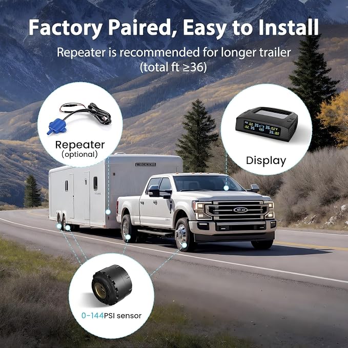 TM2 RV Tire Pressure Monitoring System, Tire Pressure Monitor with Solar Charge, TPMS with 4 Sensors(Max. 10) & 6 Alarm Modes, Color LCD Display, 0-144PSI for RV/Trailer/Truck/SUV/Fifth Wheel