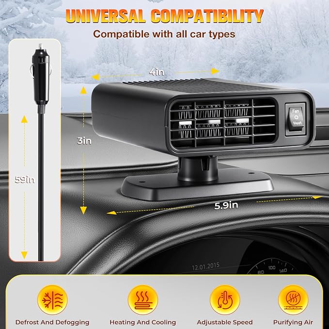 Portable Car Heater 12V, 2026 New Upgrade Portable 2-in-1 Defroster Defogger with Fast Heating, Plug in Cigarette Lighter for Car, SUV, Truck