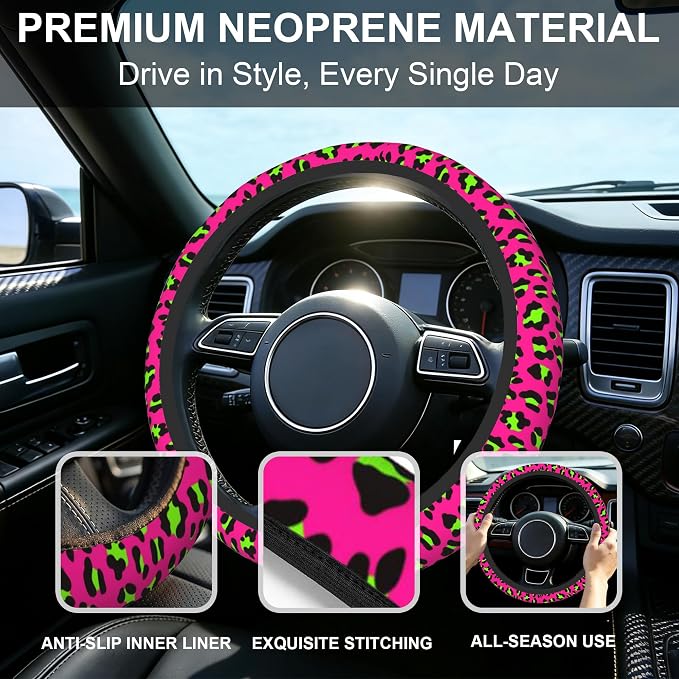 Pink Leopard Steering Wheel Cover,Pink Cheetah Leopard Universal 15" Elastic Car Steering Wheel Cover with 2 PCS Car Coasters,Anti-Slip Breathable Accessories for Auto,SUVs,Truck
