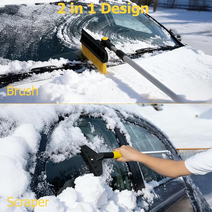 30-43" Extendable Aluminum Snow Brush with Built-in Squeegee & Ice Scraper 3-in-1 Non-Slip Foam Grip Winter Car Tool with Scratch-Free Bristles for Cars, SUVs & Trucks, Yellow