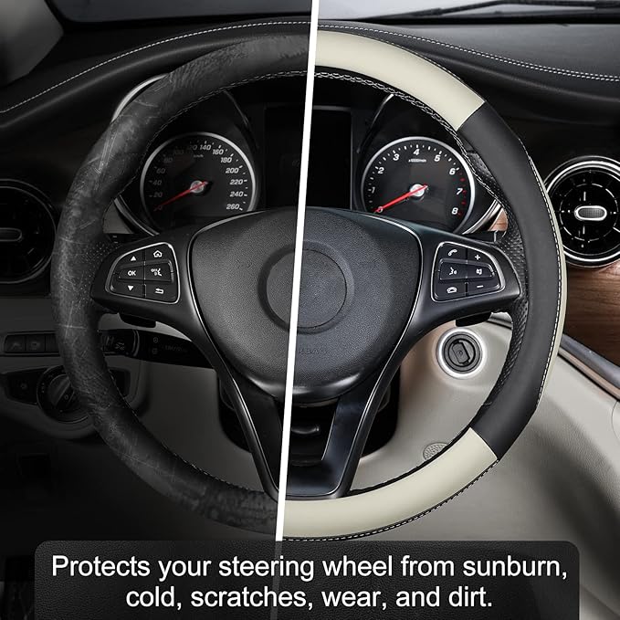 Car Steering Wheel Cover for Medium Standard Size Steering Wheels with 14 1/2-15 inches Outer Diameter, Black and Gray Microfiber Leather