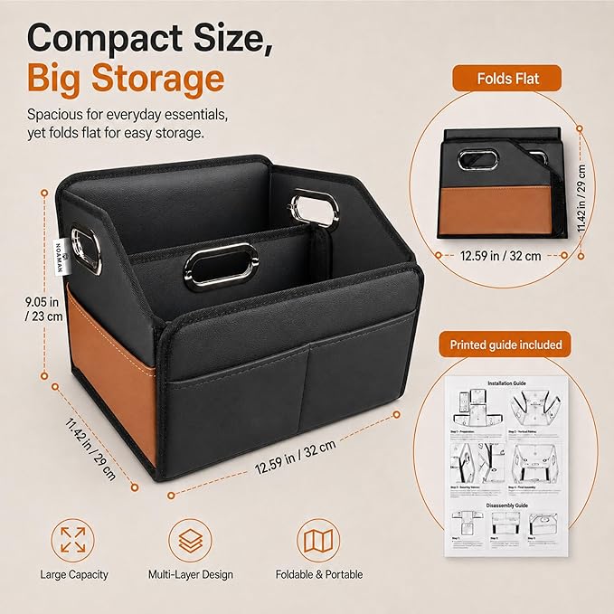 Car Organizer - 2025 Upgraded Leather Car Storage Organizer for Front Back Seat or Floor with 3 Metal Handles 6 Apartments, Multipurpose Car Organizers and Storage Black.