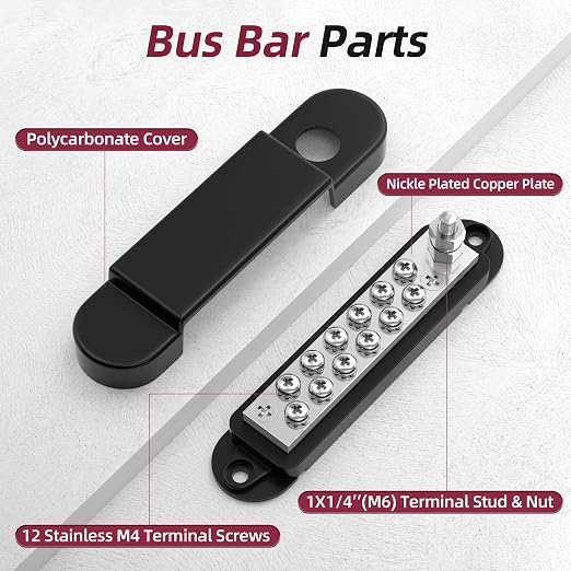 Power Distribution Block 12V 150A 1/4" Stud Marine Bus Bar 12 Volt DC Battery Busbar for Boat Automotive Solar Wiring