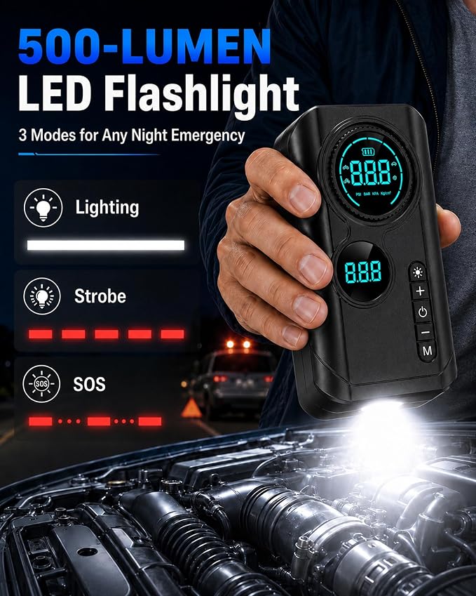 9000A Jump Starter with Air Compressor, 12V Battery Jump Box with Air Pump | Portable Car Battery Jump Starter and 150PSI Tire Inflator with 8000mAh Power Bank, LED Light, Dual LCD Screen and EVA case