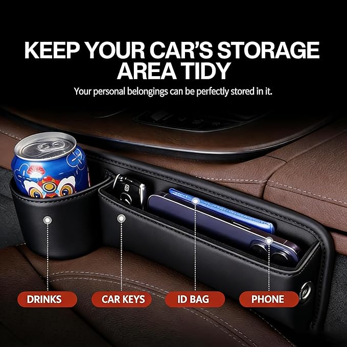 Car Seat Gap Filler Organizer, PU Leather Car Accessories Organizer, for Front Seat,Console Organizer for Phone, Keys and Small Items, It has a cup holder and a long storage slot.（Driver side)