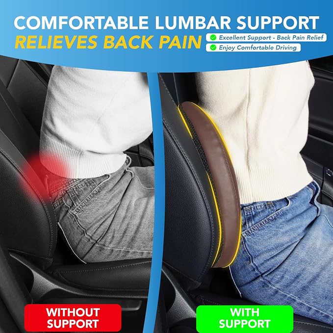 Lumbar Support Pillow for Car, Car Seat Back Support for Driving | Memory Foam Car Lumbar Support for Driving Seat, Car Back Cushion, Adjustable Straps, Lower Back Pillow, Office Chairs, Brown