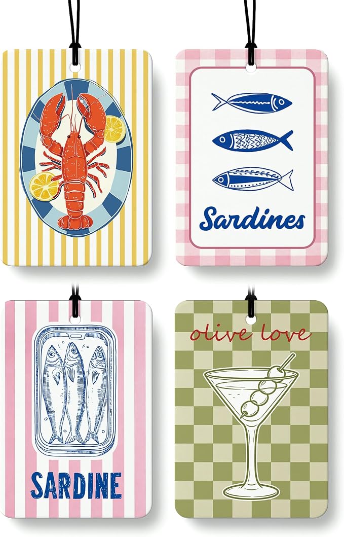 Coastal Beach Car Air Freshener 4 Pcs Coconut Scented, Summer Lemon Lobster Sardine Martini Car Accessories Mirror Decor for Women, Beachy Hanging Air Freshener for Cars Closet Drawer Books