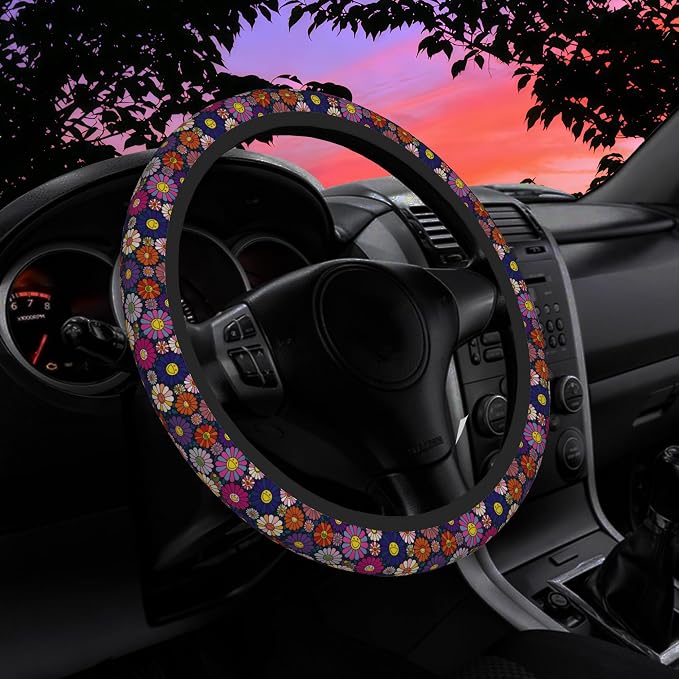 Colorful Pop Art Smiling Flower Steering Wheel Cover for Women Men Neoprene Breathable Wheel Cover Protector Anti-Slip Car Accessories Universal 15 Inch Fit for Cars Trucks Vehicles