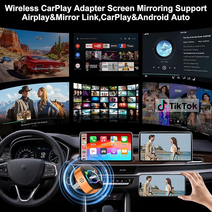 4-in-1 Wireless CarPlay Adapter for iPhone & Android Phone, Wireless Screen Mirroring Adapter for Factory Wired CarPlay Cars, Video Casting Auto Reconnect(Yellow I 4 in 1 Wireless Mirroring)