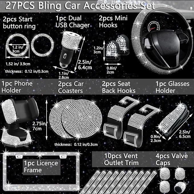 27 PCs Bling Car Accessories Set for Women, Steering Wheel Covers Universal Fit 15 Inch, Bling License Plate Frame, Bling Phone Holder, Bling Car Coasters (Silver Diamond)
