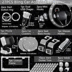 27 PCs Bling Car Accessories Set for Women, Steering Wheel Covers Universal Fit 15 Inch, Bling License Plate Frame, Bling Phone Holder, Bling Car Coasters (Silver Diamond)