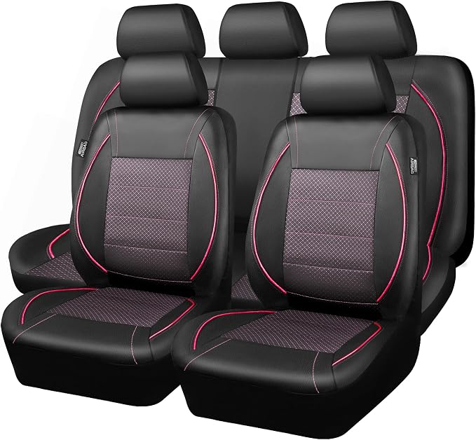 Piping PU Leather Car Seat Cover Full Set,Inside Zipper Design and Reserved Opening Holes，Airbag Compatible,Universal FIT for Car, SUVs,Van,Trucks（Full Set, Black & Pink）