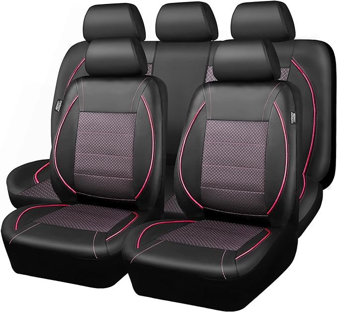 Piping PU Leather Car Seat Cover Full Set,Inside Zipper Design and Reserved Opening Holes，Airbag Compatible,Universal FIT for Car, SUVs,Van,Trucks（Full Set, Black & Pink）