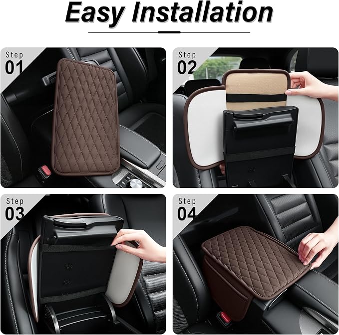 Car Center Console, Upgraded Leather Car Armrest Cushion with 2 Storage Pockets, Universal Waterproof Cushion Pad, Non-Slip Car Interior Accessories, Fits Most Sedans SUVs Trucks (Brown)