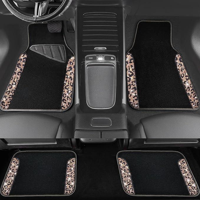 Bling Diamond Car Floor Mats, Shining Rhinestone Carpet Sparkly Glitter Crystal with Anti-Slip PVC Heel Pad Waterproof Universal Fit Automotive SUV,Sedan,Van,Cute Girl Women,4pcs Gold Leopard
