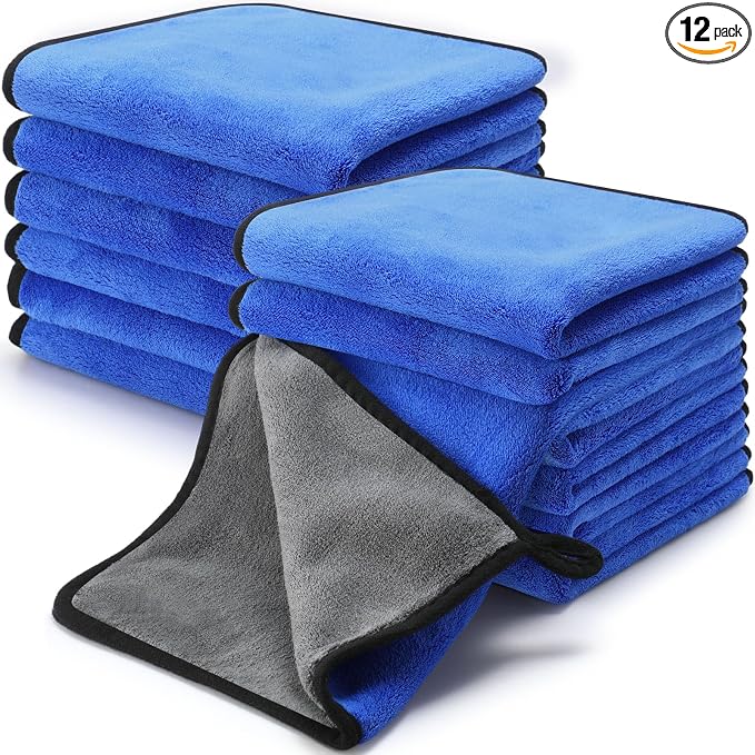 12 Pcs Microfiber Towels for Cars, 800 GSM Plush Drying Cleaning Cloth Bulk, 16 x 16 Inch Thick Absorbent Wash Detailing Towels for Car Polishing, House, Kitchen Cleaning(Gray and Blue)