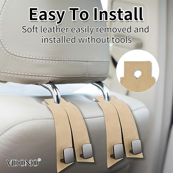 Suede Leather Headrest Hooks for Car, 2 Pack Double Seat Back Organizer Hooks for Purses & Bags, Heavy Duty Metal Car Purse Holder for Handbags, Grocery Bags, Universal Vehicle Storage Accessories