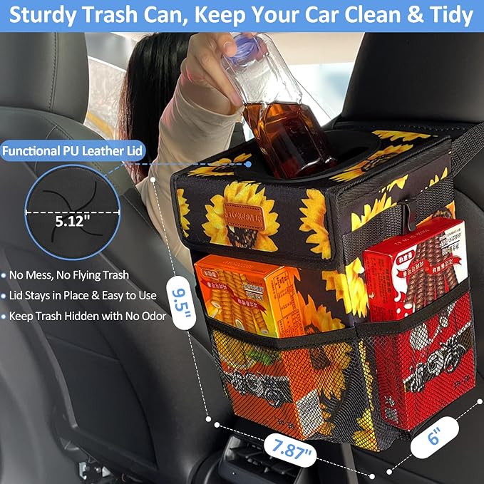 Car Trash Can Bin for Back Seat Leak Proof, Cute Car Trash Bag Hanging, Vehicle Trash Can for SUV Truck Van, Automotive Garbage Cans Front Seat Sunflower Floral