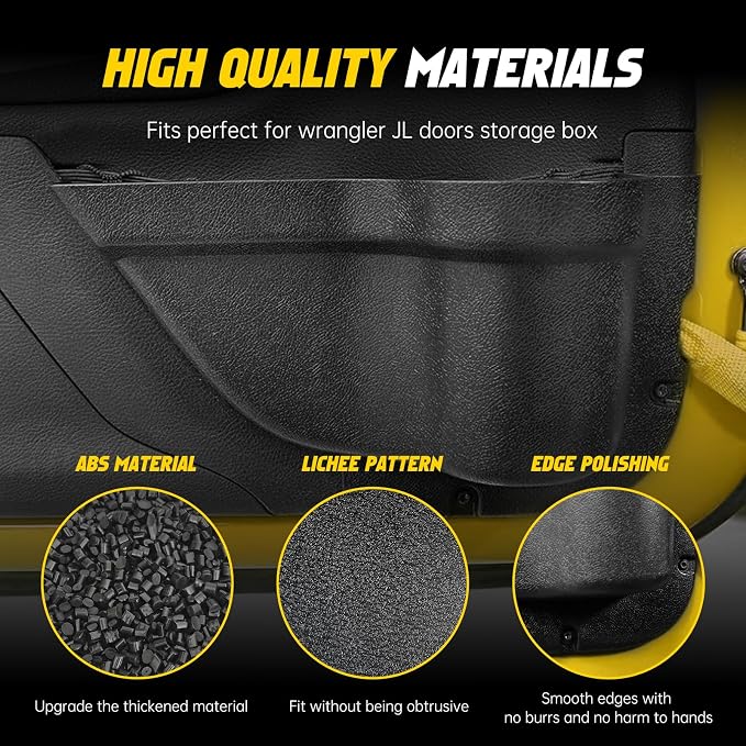 JK Storage Pockets for Jeep Wrangler, Front & Rear Door, 4 Pcs | Compatible with 2011-2018 Jeep Wrangler JK JKU 4 Door, Front and Rear Door Pockets, Interior Storage Accessories, Black
