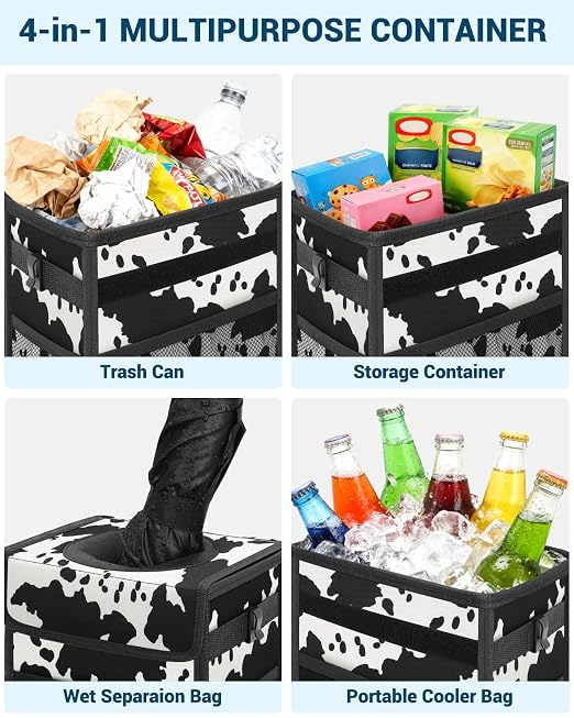 Car Trash Can with Lid, Leakproof Car Trash Bag Hanging Waterproof Automotive Garbage Can with Storage Pockets Mini Vehicle Trash Bin for Back/Front Seat(Cow Print,2.5 Gallon)