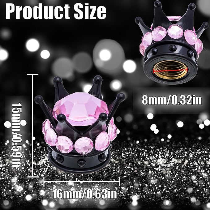4PCS Crown Bling Tire Stem Valve Caps, Crystal Diamond Car Wheel Tire Valve Caps Universal Copper Core Stem Covers for Cars, SUV, Trucks, Bikes, Motorcycles, Bicycles (Black & Pink)
