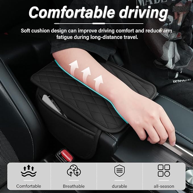 Car Center Console Cover, Upgraded Leather Car Armrest Cushion with 2 Storage Pockets, Universal Waterproof Cushion Pad, Non-Slip Car Interior Accessories, Fits Most Sedans SUVs Trucks (Black)