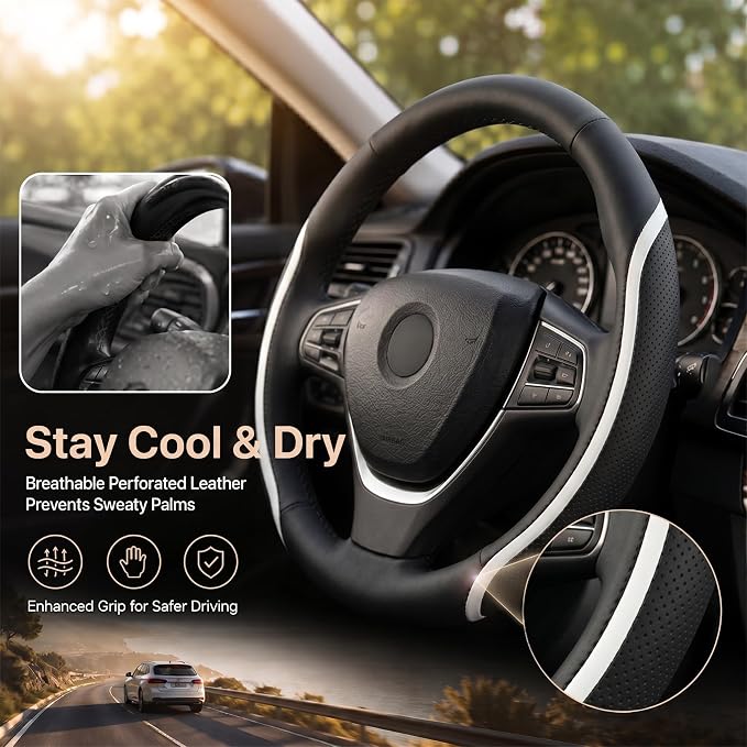 Steering Wheel Cover Black and White Leather Universal 14.5-15 inch | Car Steering Wheel Covers with Coasters Breathable Anti-Slip Durable Steering Wheel Accessories Set for SUV Truck Van
