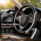 Steering Wheel Cover Black and White Leather Universal 14.5-15 inch | Car Steering Wheel Covers with Coasters Breathable Anti-Slip Durable Steering Wheel Accessories Set for SUV Truck Van